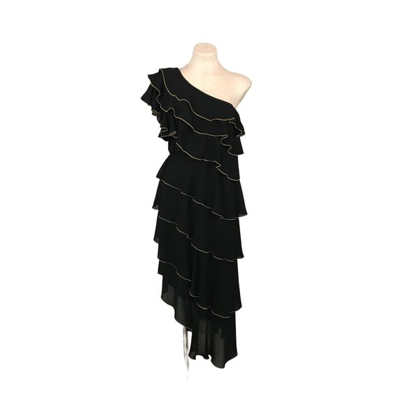 Vintage 1980s Black Asymmetric Ruffle Dress